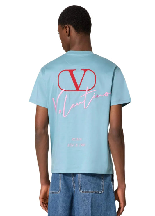 Valentino Light Blue T-Shirt With VLogo Signature Print Men's Designer Tee UAE