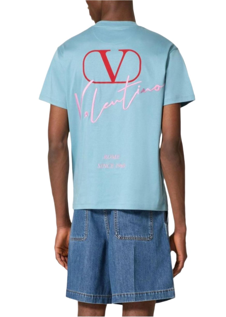 Valentino Light Blue T-Shirt With VLogo Signature Print Men's Designer Tee UAE