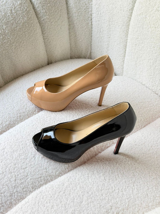 Christian Louboutin Black Patent Leather Vendome 120 Peep Toe Pumps