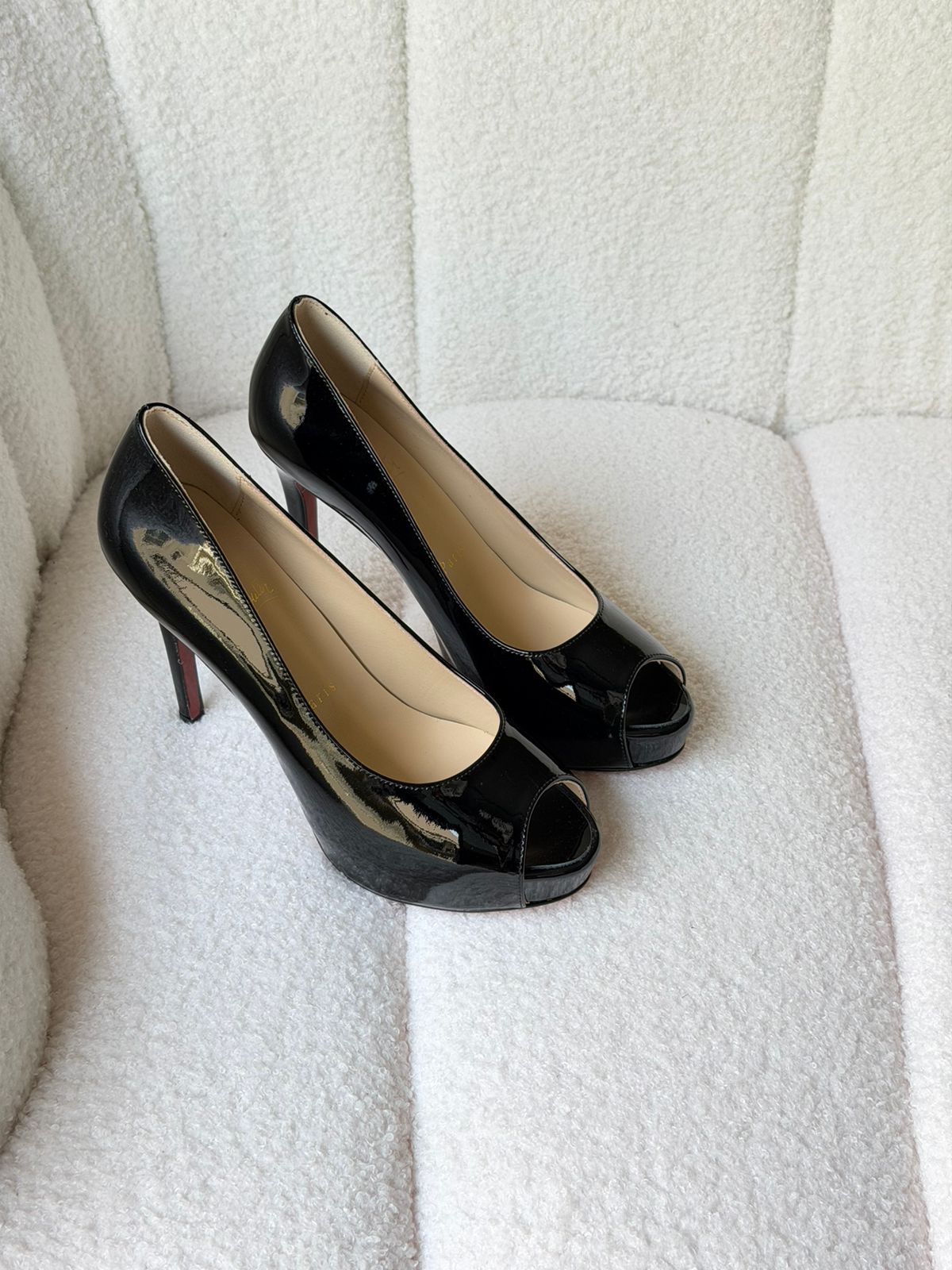 Christian Louboutin Black Patent Leather Vendome 120 Peep Toe Pumps