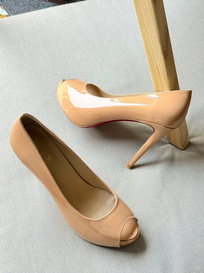 Christian Louboutin Black Patent Leather Vendome 120 Peep Toe Pumps