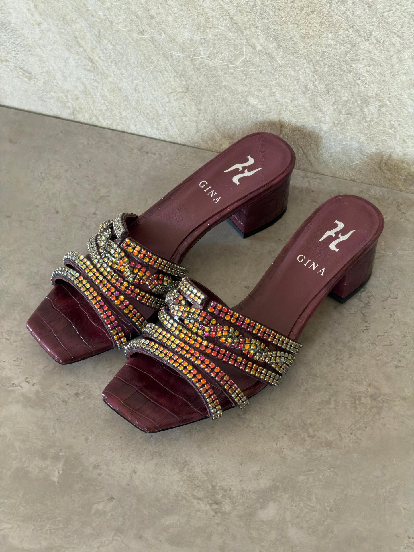 Gina Burgundy Leather Twyla Heeled Mules 50