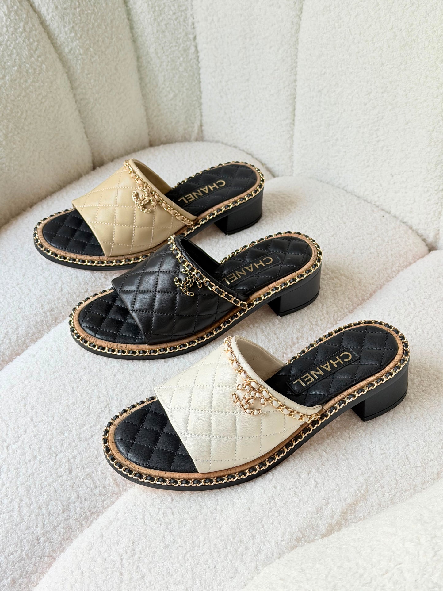 Chanel Interlocking CC Logo Slides in White