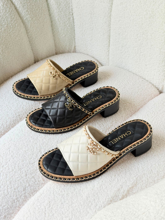 Chanel Interlocking CC Logo Slides in White