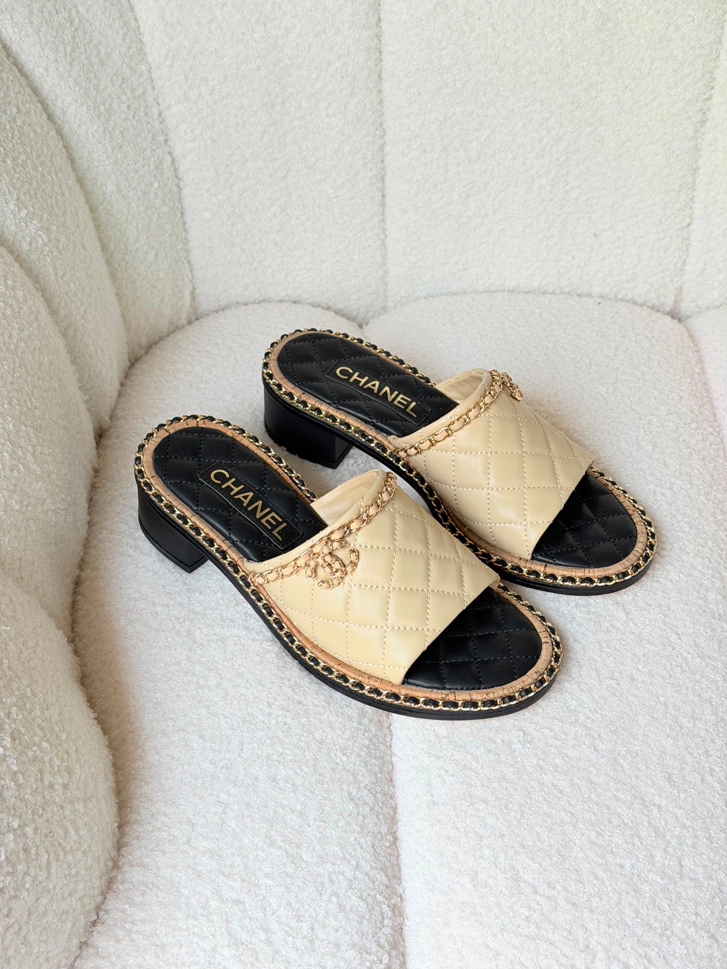 Chanel Interlocking CC Logo Slides in White