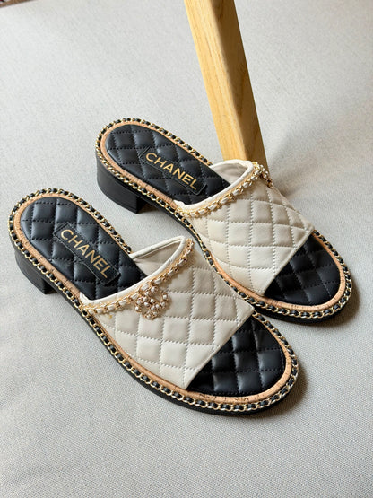 Chanel Interlocking CC Logo Slides in White