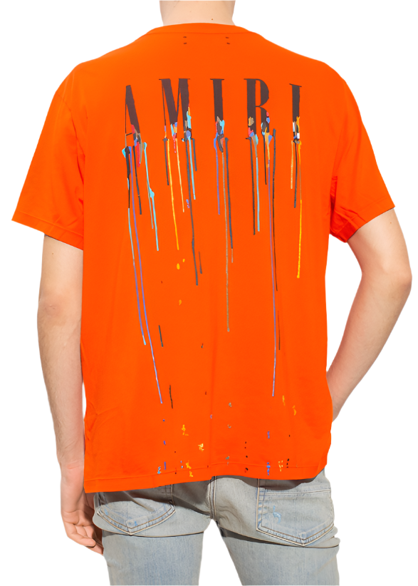 Amiri Orange Paint Drip Logo Crewneck T-Shirt Vibrant Graphic Tee UAE