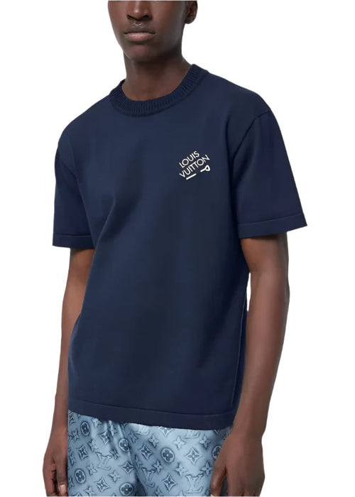 LV Embroidered Signature Short-Sleeved Cotton Crewneck "Navy Blue" Premium Tee UAE