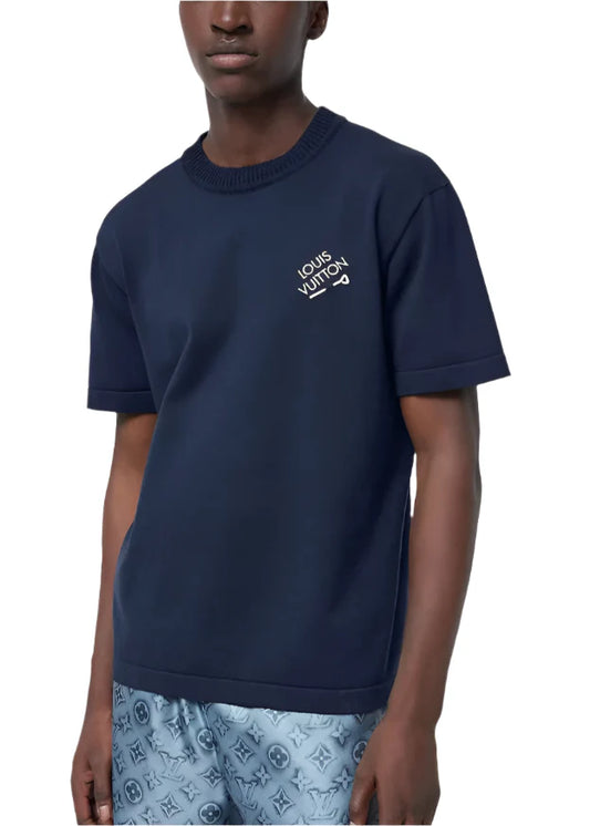LV Embroidered Signature Short-Sleeved Cotton Crewneck "Navy Blue" Premium Tee UAE