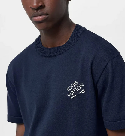 LV Embroidered Signature Short-Sleeved Cotton Crewneck "Navy Blue" Premium Tee UAE