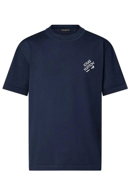 LV Embroidered Signature Short-Sleeved Cotton Crewneck "Navy Blue" Premium Tee UAE
