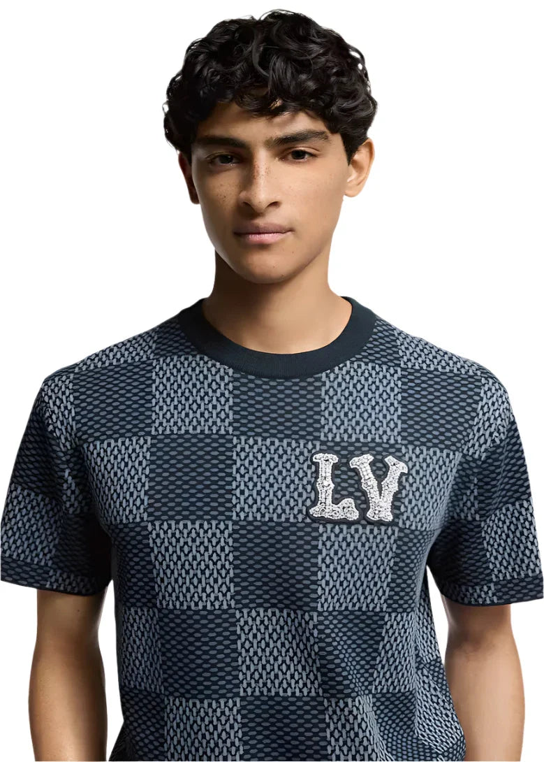 Damier Short-Sleeved Crewneck With LV Crystal Patch Luxury Designer Tee UAE