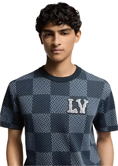 Damier Short-Sleeved Crewneck With LV Crystal Patch Luxury Designer Tee UAE