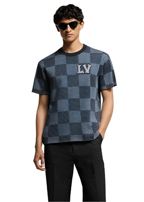 Damier Short-Sleeved Crewneck With LV Crystal Patch Luxury Designer Tee UAE