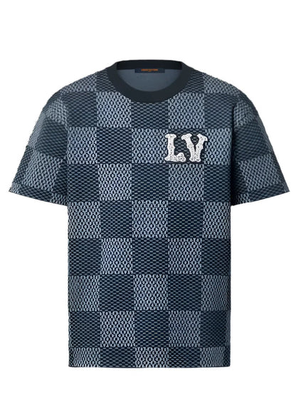 Damier Short-Sleeved Crewneck With LV Crystal Patch Luxury Designer Tee UAE
