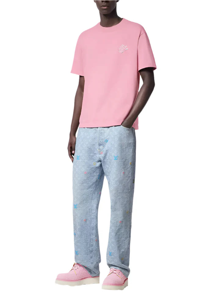 LV Embroidered Signature Short-Sleeved Cotton Crewneck "Pink" Trendy Tee UAE