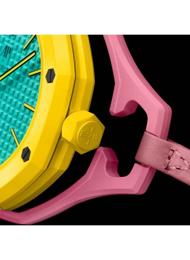Audemars Piguet x Swatch
OTG ROZ - The Royal Pop Pink, Yellow & Teal Bioceramic Pocket Watch · Savonnette