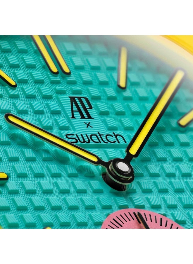 Audemars Piguet x Swatch
OTG ROZ - The Royal Pop Pink, Yellow & Teal Bioceramic Pocket Watch · Savonnette