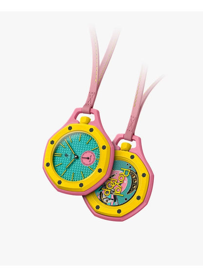 Audemars Piguet x Swatch
OTG ROZ - The Royal Pop Pink, Yellow & Teal Bioceramic Pocket Watch · Savonnette